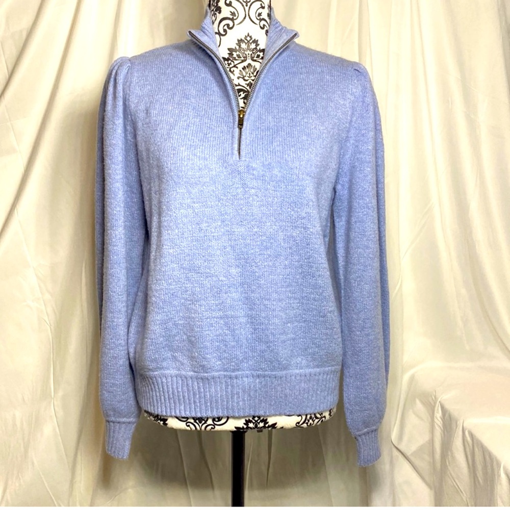 Ralph-Lauren Polo-inspired Quarter 1/4 Zip stand collar blue puff sleeve sweater
